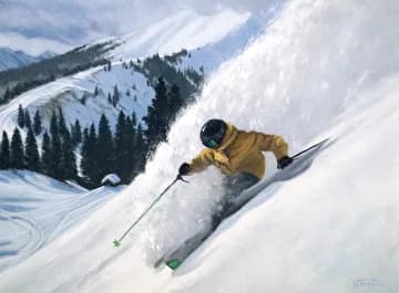 A skier in a gold jacket descends a steep snow-covered alpine slope against white sky.