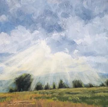 Oil painting of the Boulder Flatirons under dramatic sky with crepuscular light rays streaming over grassland.