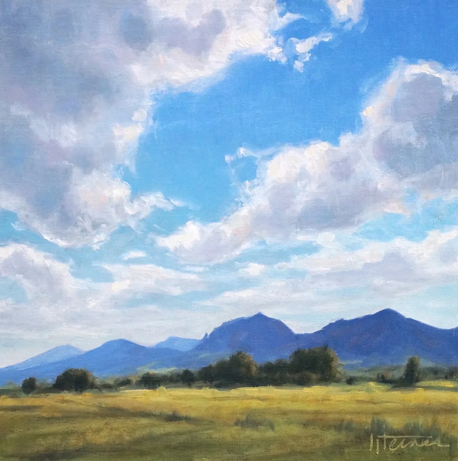 Oil painting of a mountain landscape with golden meadow, distant peaks, and dramatic blue sky with white clouds.