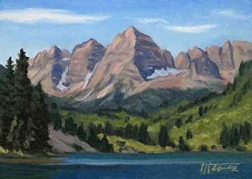 Alpine landscape with the Boulder Flatirons rising above a forested valley and blue lake, painted in acrylic.