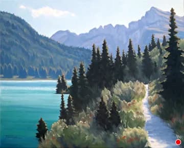 Alpine lake with rocky shoreline, coniferous forest, and distant mountains rendered in acrylic.