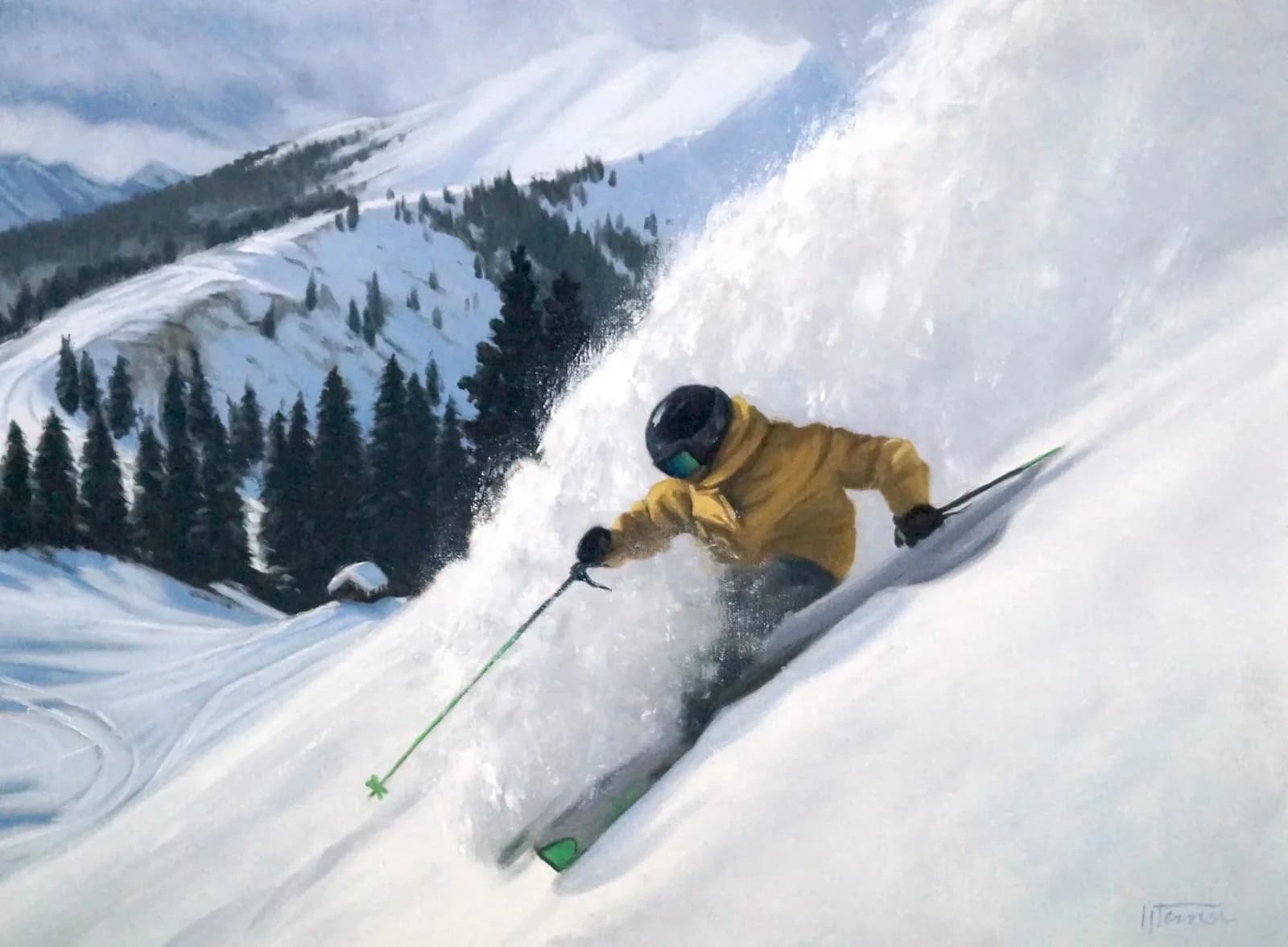 A skier in a yellow jacket descends a steep, snowy mountain slope with forested peaks and blue sky behind.