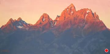 The Boulder Flatirons at sunrise, rendered in oil with terracotta, fiord, and light apricot tones.