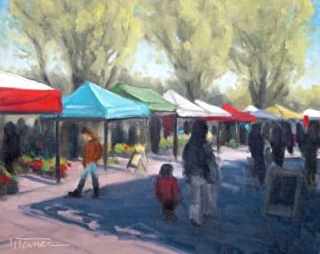 An outdoor market scene with colorful vendor tents, trees, and figures beneath dappled shade.