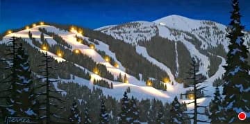 Illuminated ski slopes beneath a Congress Blue twilight sky, with the Boulder Flatirons rendered in impressionistic style.