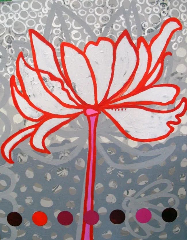 Red and white lotus flower with geometric petals and circular motifs in muted background tones.