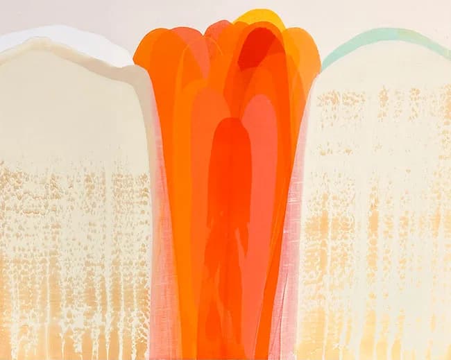 Abstract acrylic painting of a bell pepper form in orange and red with translucent layers.