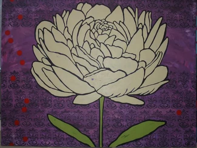 Large white peony with outlined petals against a purple patterned background with red accents.