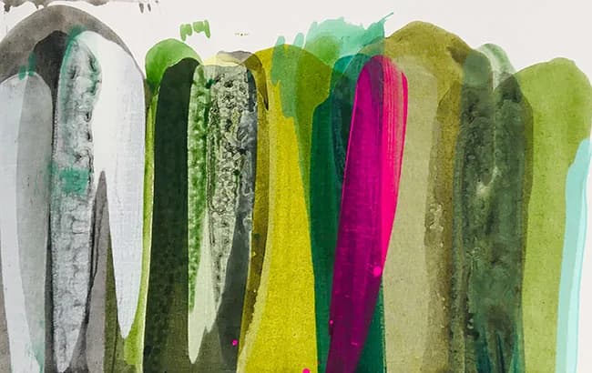 Abstract composition with layered textured vertical forms in hibiscus, pompadour, lemon grass, and green tones.