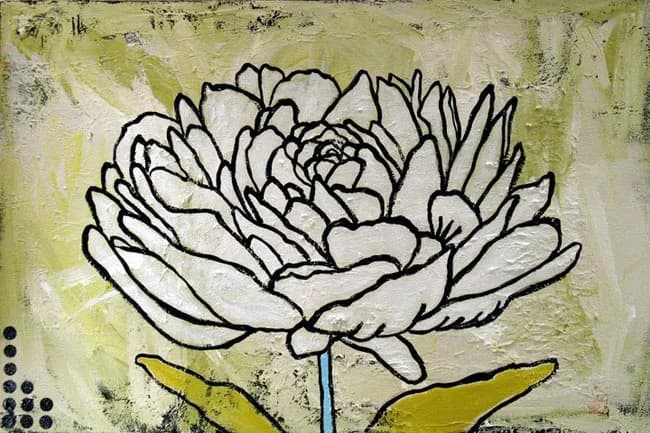 A stylized peony with bold ink outline and layered petals on a textured yellow-green background.