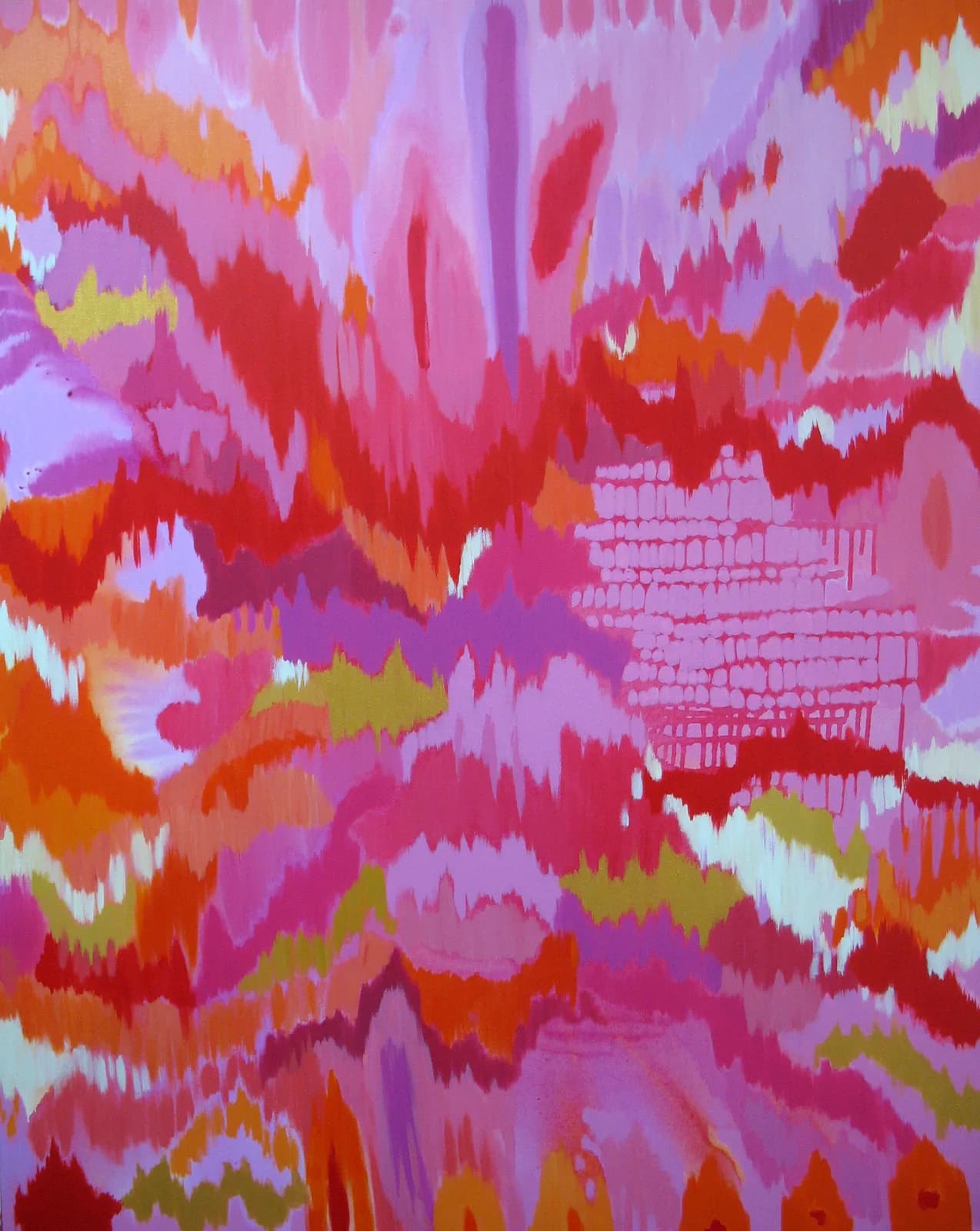 Abstract acrylic painting layered with hopbush, heather, and well-read tones in gestural, overlapping marks.
