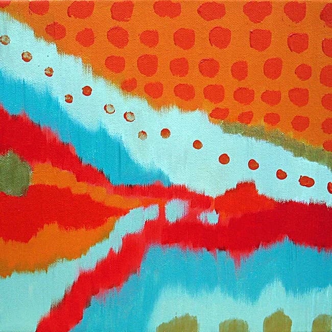 Abstract acrylic painting with layered geometric forms and repeated circular pattern motifs in warm and cool tones.