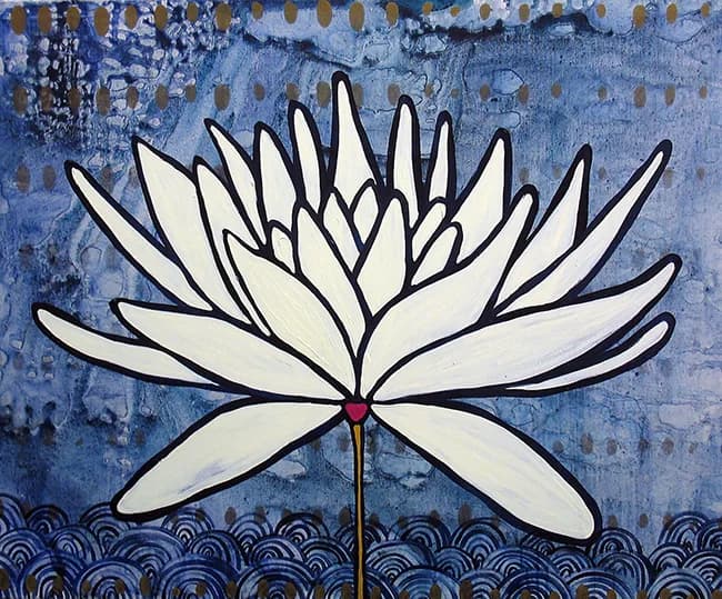 A stylized white lotus or water lily rises against a textured blue background with patterned water motifs.