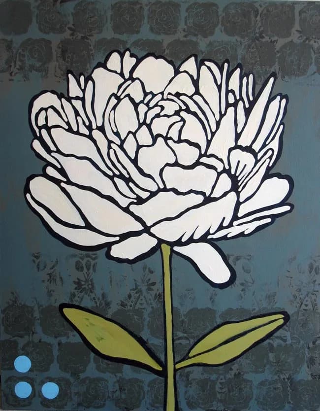 A white peony with bold black outlines rendered in acrylic against a mottled teal background.