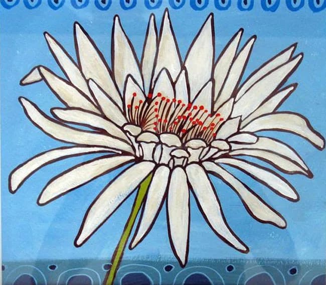 White daisy with red stamen against a celeste blue background, rendered in acrylic with bold outlines.