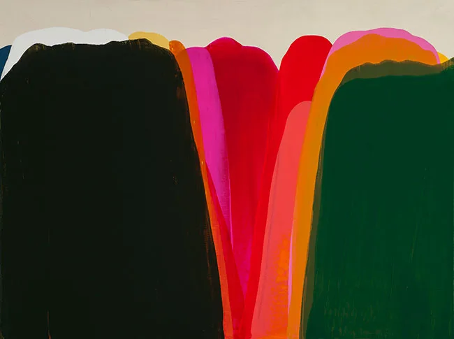 Abstract composition of layered, curved color fields in red, black, green, orange, and pink.