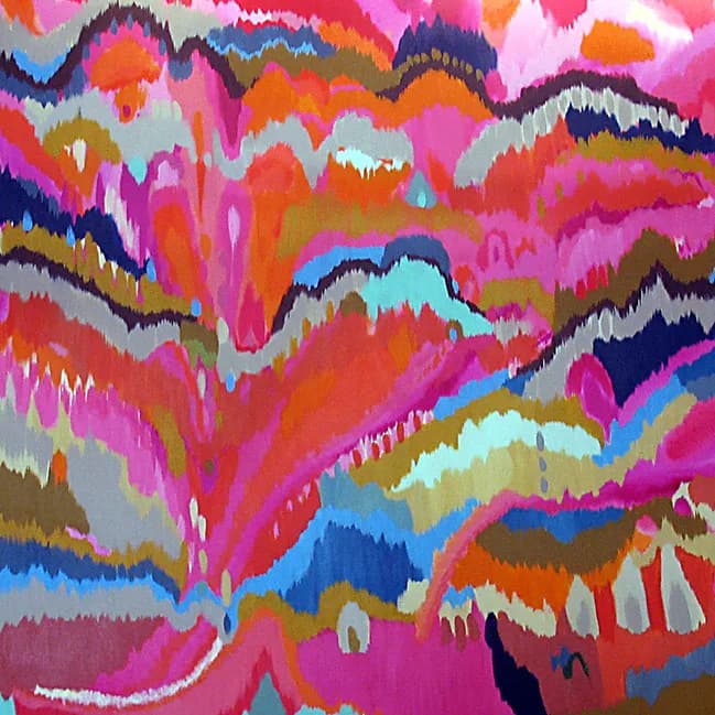 Abstract layered mountain landscape in vibrant chambray, mulberry, and opal tones suggesting the Boulder Flatirons.