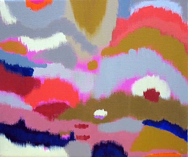 Abstract painting with layered brushstrokes in coral, magenta, gold, and slate tones.