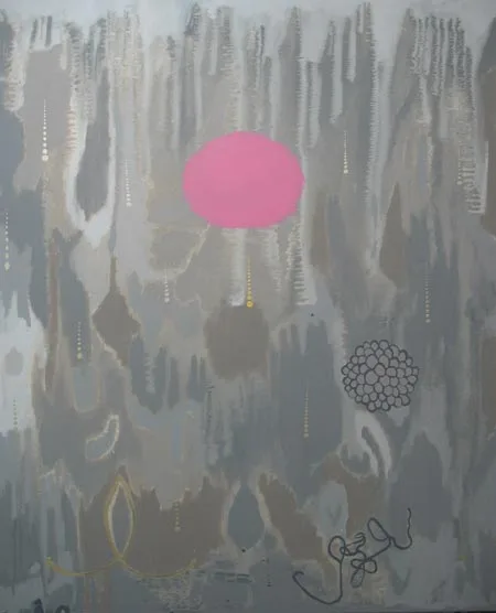 Abstract composition with gray and white organic forms, a bright pink oval, and geometric elements on neutral ground.