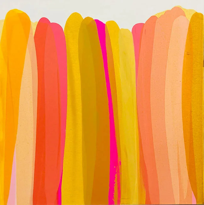 Vertical color-field painting in warm hues of cinnabar, rose, and pearl bush tones.