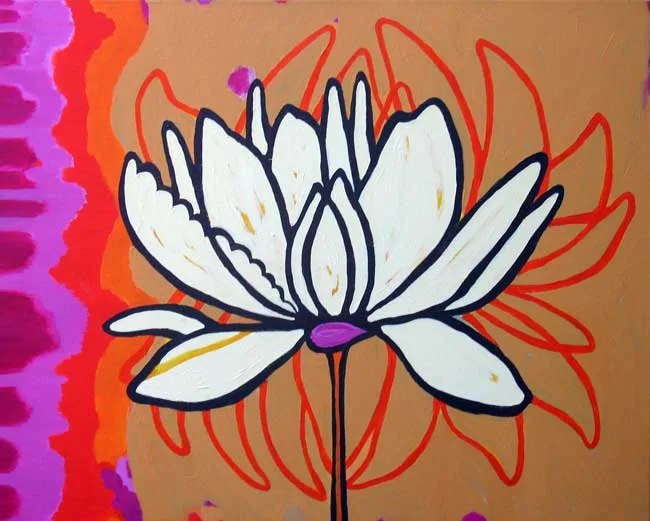 A stylized white lotus with bold navy outlines set against fuchsia pink and red radiating background layers.