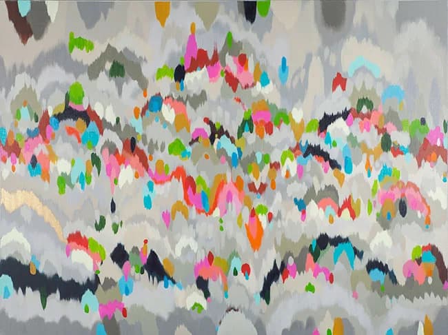 Abstract acrylic painting with vibrant gestural marks layered over a soft gray and white ground.