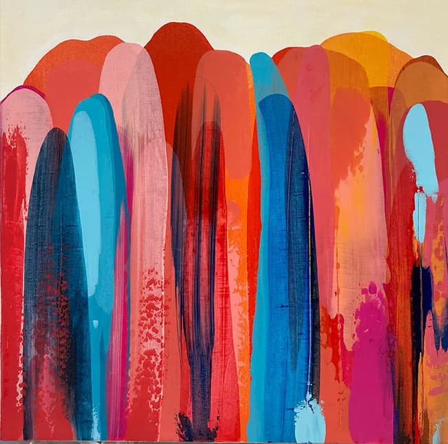 Abstract painting with vertical overlapping forms in red, blue, orange, and pink hues with gestural brushwork and layered color.