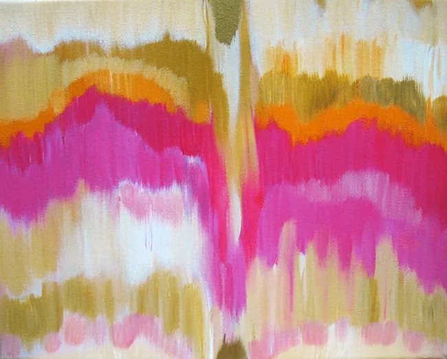 Abstract painting with layered gestural marks in magenta, husk, and sisal tones.