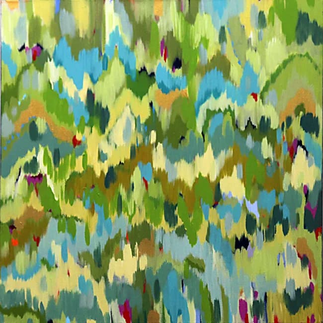 Abstract painting with layered jagged forms in greens, blues, yellows, and earthen tones.