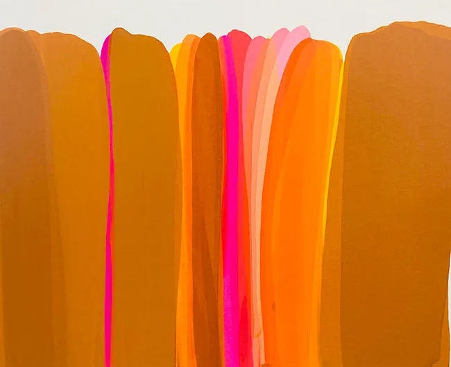 Abstract painting of vertical stripes in pumpkin, rose, and dawn pink acrylic.