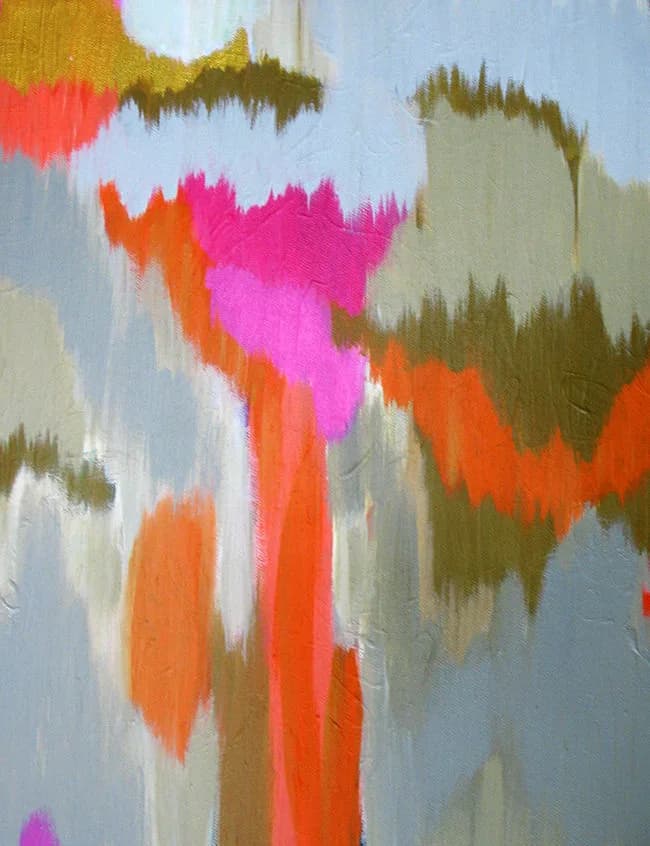 Abstract acrylic painting with layered strokes in cerise, flame pea, and blue smoke tones.