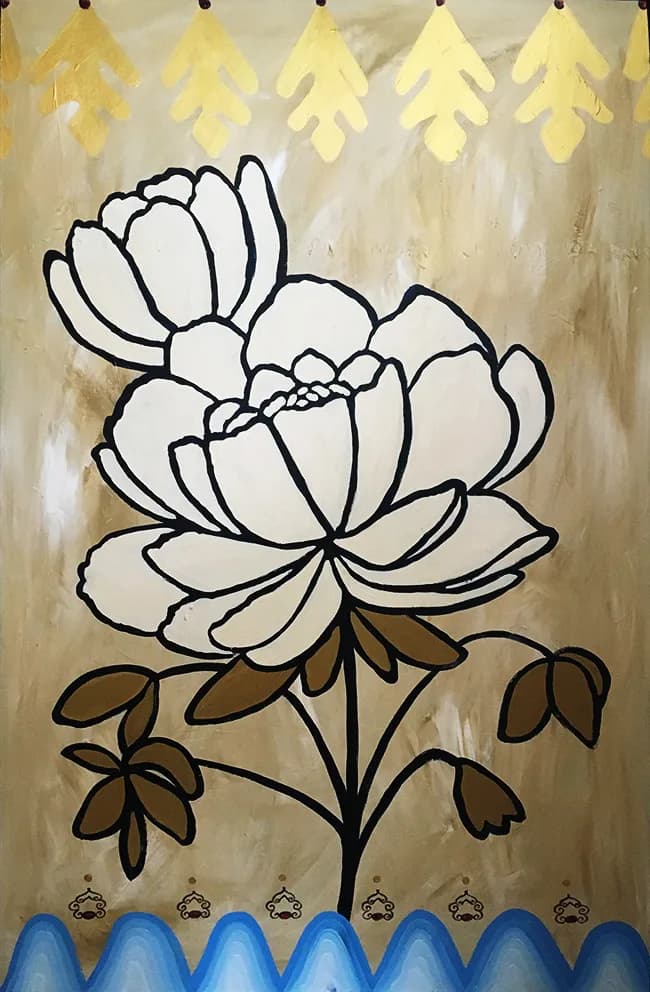 A folk-art peony with black outlines rendered in white and gold acrylic on warm ground.