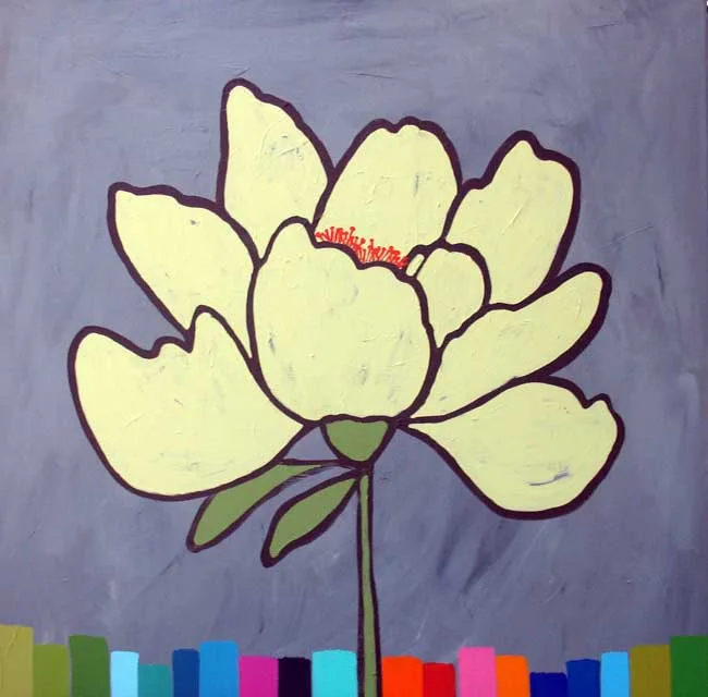 A cream-yellow lotus or peony with red stamens and bold purple outlines on a waterloo-blue ground.