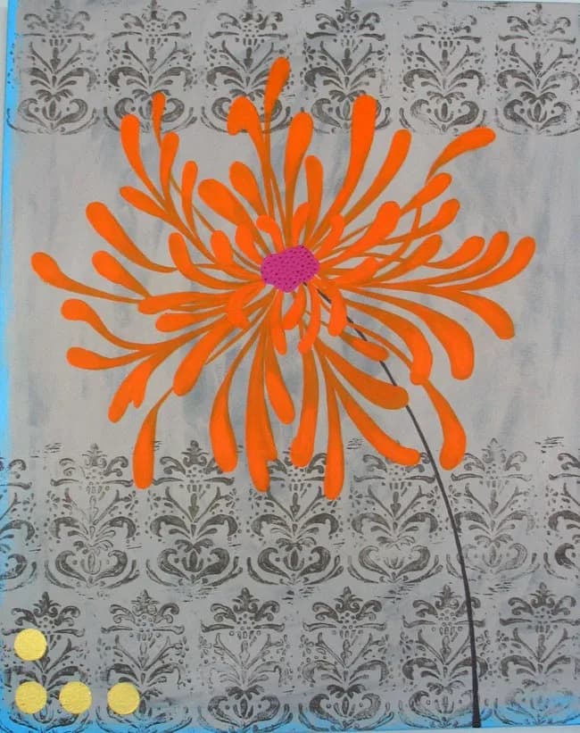 Large orange flower with purple center and yellow accents on damask-patterned background.