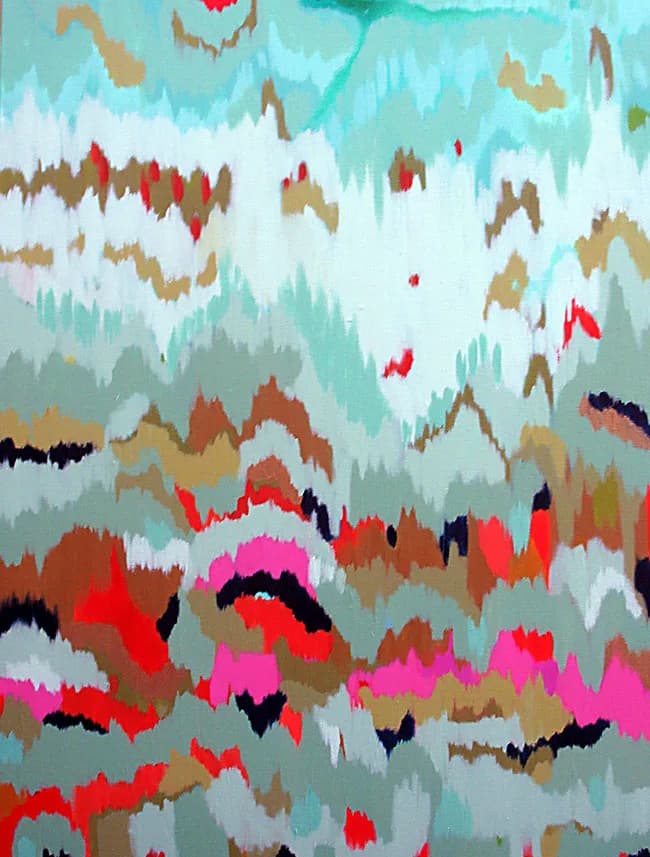 Abstract layered painting in brilliant rose, cinnabar, pewter, and opal with gestural horizontal marks.