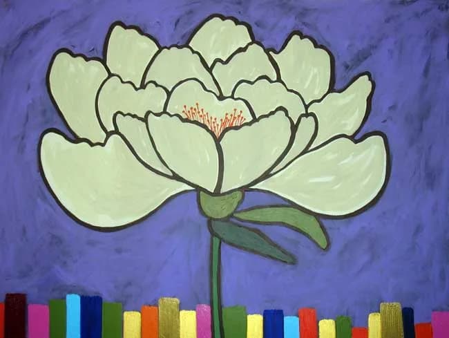 Pale yellow lotus flower with black outline against a catalina blue background and colorful base.
