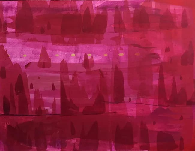 Abstract landscape in mulberry, paprika, and night shade tones depicting layered mountain forms, possibly the Boulder Flatirons.