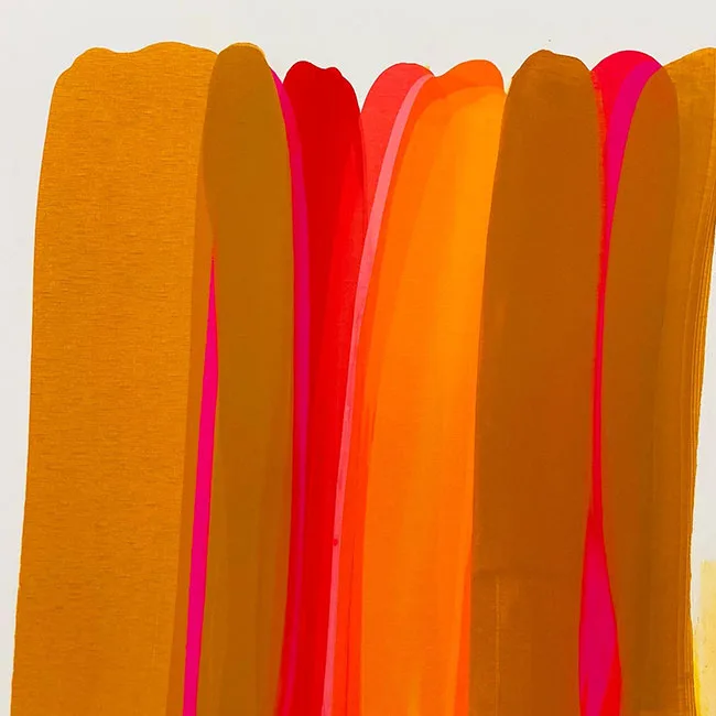 Abstract vertical composition in zest, guardsman red, rich gold, and dawn pink acrylic.