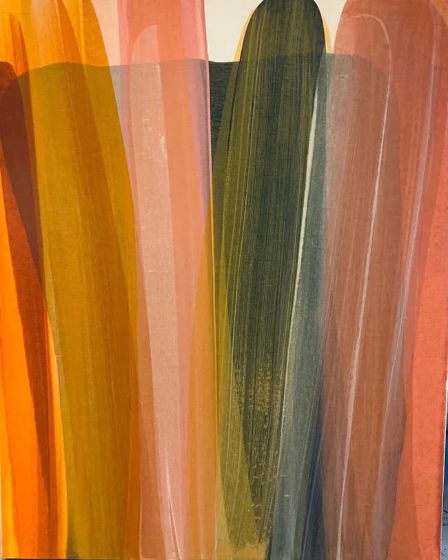 Abstract painting with vertical color-blocked strokes in gold, brandy, and kelp tones.