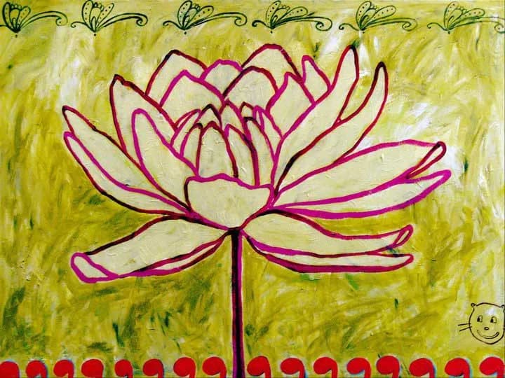 A stylized magenta lotus flower with pale petals rises against a chartreuse background with red seed pod border.
