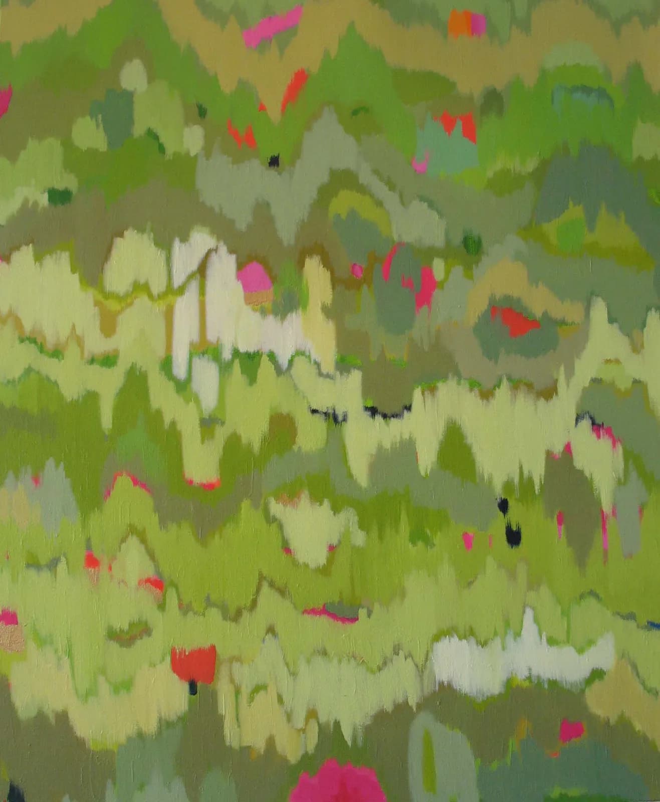 Abstracted landscape composition with layered green, stiletto, and magenta brushwork suggesting a wooded vista.