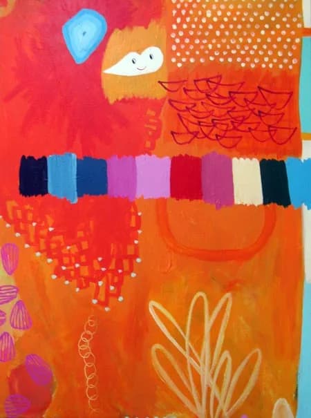 Abstract composition with stylized coral, fish, and botanical forms in hot cinnamon and lavender rose acrylic.