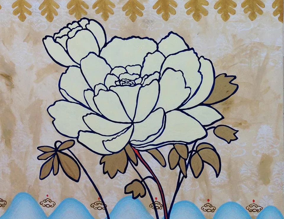 A peony rendered in dark ink with bronze and cerulean accents, set against a textured, cloud-like background with decorative leaf motifs.