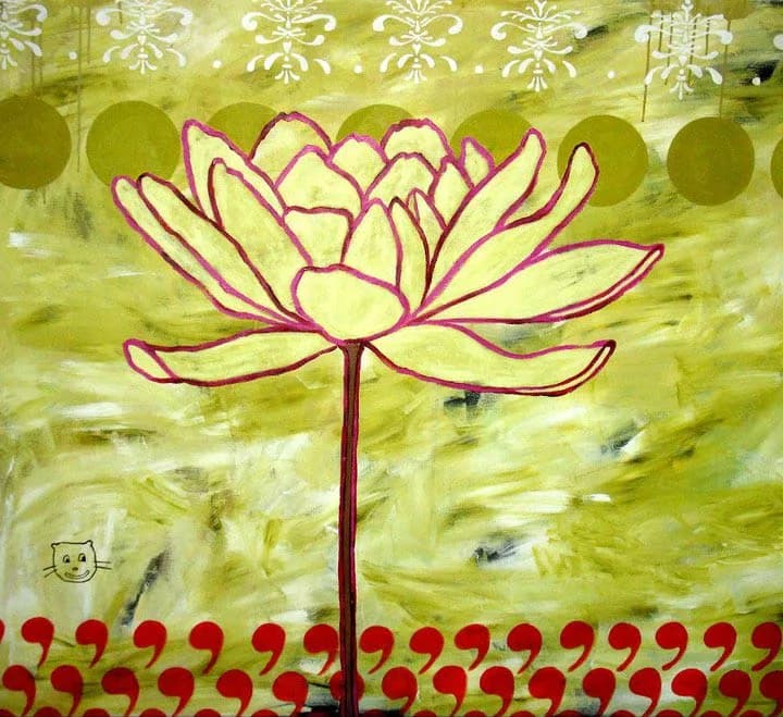 A stylized lotus flower with magenta-outlined petals in pale yellow centers a textured olivetone composition.