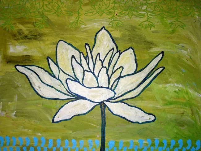 A white lotus flower with dark blue outline and stem against a lunar green background with decorative foliage.