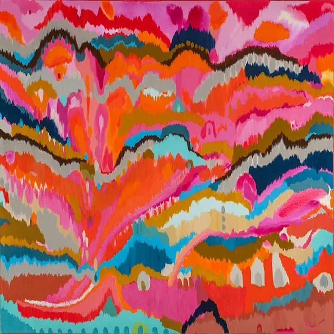 Abstract acrylic painting with layered bands of cranberry, orange, and teal in gestural, undulating forms.