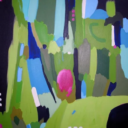 Abstract acrylic painting with layered geometric shapes in bright greens, blues, and a striking mulberry accent.