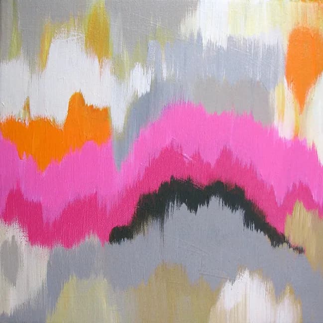 Abstract painting with layered gestures in Persian pink, cerise, and pale slate, rendered in acrylic.