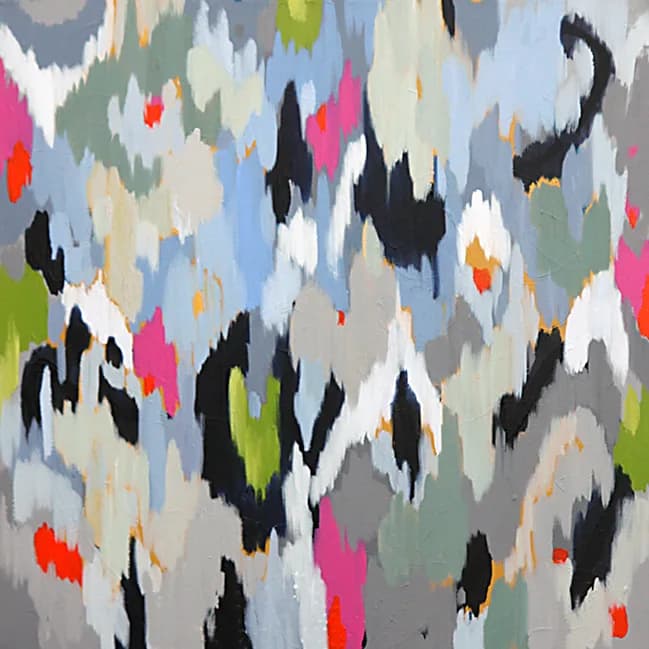 Abstract painting with layered gestural marks in mulberry, cinnabar, gray, and black across a white ground.