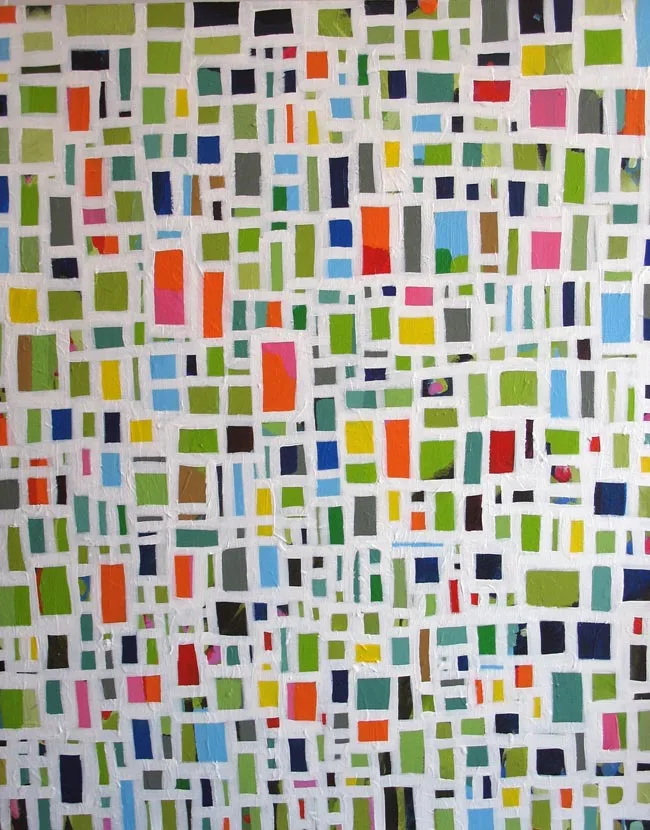 A non-representational grid of colored rectangles and squares separated by white lines creates a rhythm of varied hues.